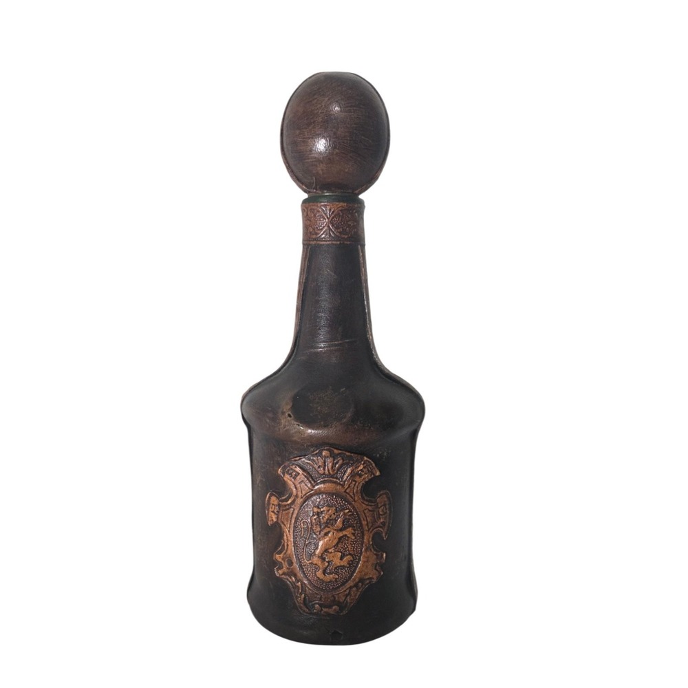 Vintage MCM Leather Wrapped Decanter‎ Bottle Italy Embossed Tooled Lion Crest